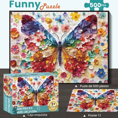 Miniatura 2 de Rompecabezas de 500 piezas para adultos, colorido rompecabezas de flores de mariposa para adultos mayores, arte de papel de mariposa vívido