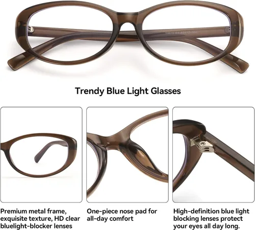 Miniatura 3 de Dollger Lentes de bloqueo de luz azul para mujer, con marco ovalado retro de moda, gafas pequeñas de ojo de gato Marrón