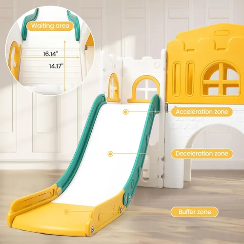 Miniatura 4 de Juego de tobogán infantil 8 en 1, juego de tobogán y escalador con pasillo, aro de baloncesto, telescopio, patio de juegos para interiores