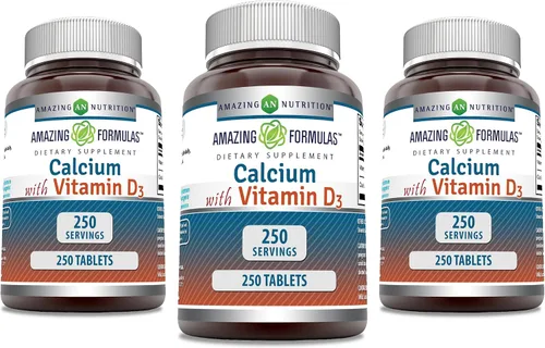 Amazing Formulas - Suplemento de calcio con vitamina D3 | Tabletas | Sin OMG | Sin gluten | Fabricado en Estados Unidos (paquete de 3 | 250 unidades)