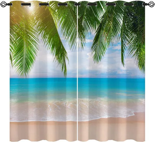 Miniatura 14 de Cortinas opacas de arena para niñas y niños, decoración del hogar, vacaciones, playa, agua azul, puesta de sol, nubes, ojales, aislamiento térmico