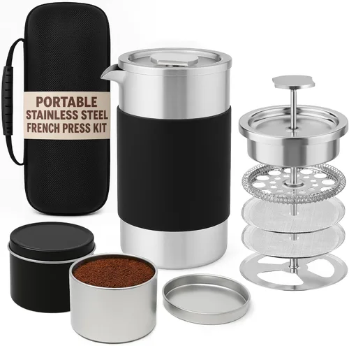 Juego de cafetera de prensa francesa para camping, 12 onzas, cafetera de prensa francesa portátil de viaje, aislamiento de doble pared con filtros