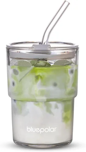 Miniatura 8 de BLUEPOLAR - Vaso de agua de vidrio de 13 oz/400 ml con popote y tapa sellada para llevar, vaso de café helado de pared gruesa, vaso de vidrio