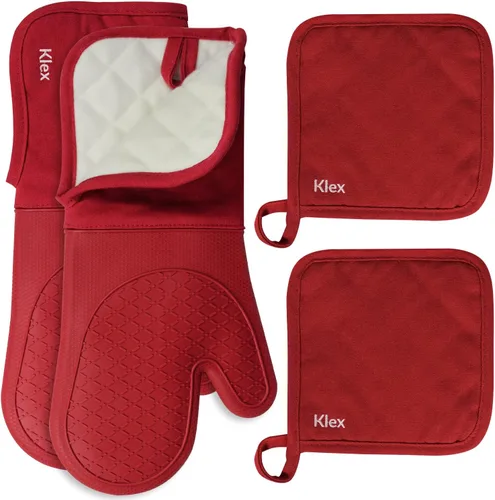 Klex Manoplas de horno de silicona extralargas y soportes para ollas, resistencia al calor de 932 °F con guantes de horno acolchados y almohadillas