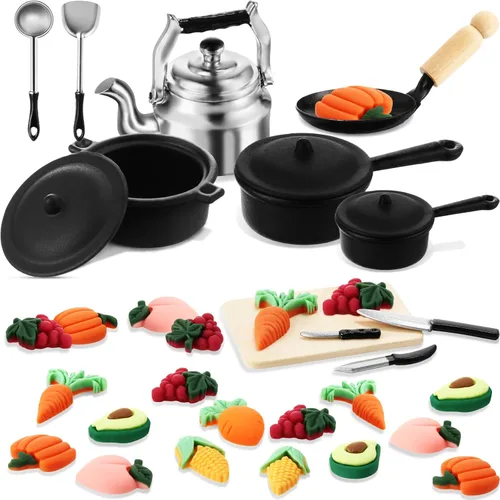 34 piezas de accesorios de cocina en miniatura para casa de muñecas a escala 1/12, mini ollas y sartenes de metal, estufa, utensilios de cocina en