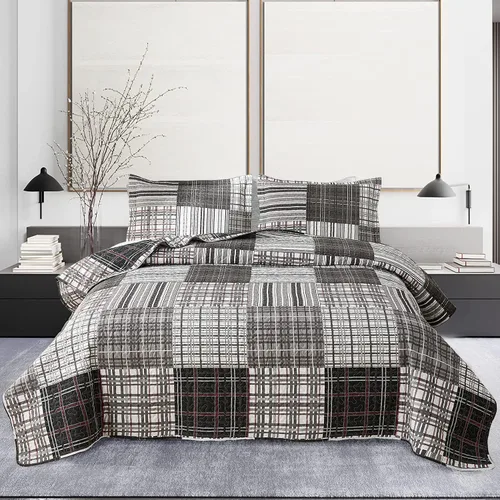Juego de colcha tamaño queen de Ycosy, ropa de cama a cuadros, colcha de retazos, colcha suave y ligera, colcha a rayas grises y blancas, colcha