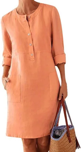 PHILISENMALL Vestido corto de cuello redondo para mujer, estilo vintage, casual, cuello redondo, color sólido, ideal como regalo para niñas y mujeres