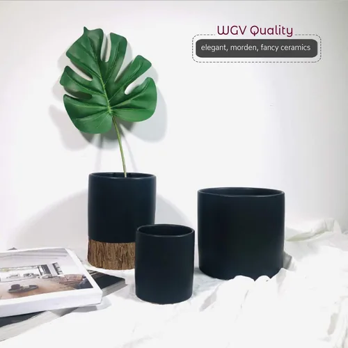 Miniatura 6 de WGVI Jarrón cilíndrico de cerámica negro mate de 6.5" pulgadas de ancho y 6" pulgadas de alto, arreglos florales, portavelas, maceta de terrario