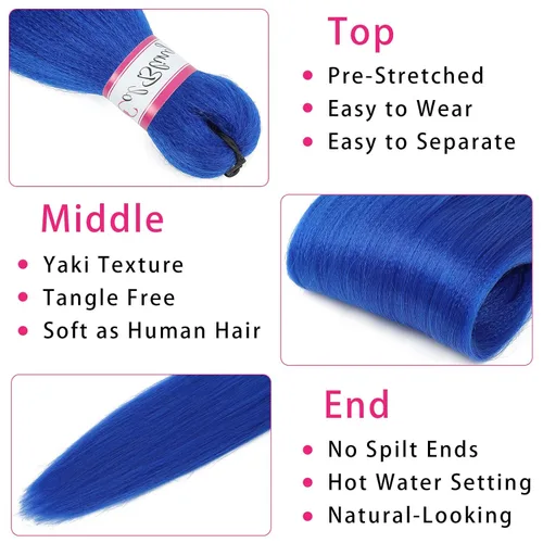 Miniatura 3 de Col Bling Cabello trenzado azul preestirado, extensiones de cabello trenzado de 28 pulgadas de largo para mujer, trenzas de caja, textura Yaki