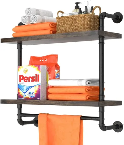 Miniatura 9 de Helsin Estantes de Baño Flotantes de Tubería Industrial Montados en la Pared con Barra de Toallas, Estante de Pared de Madera Rústica de 2 Niveles