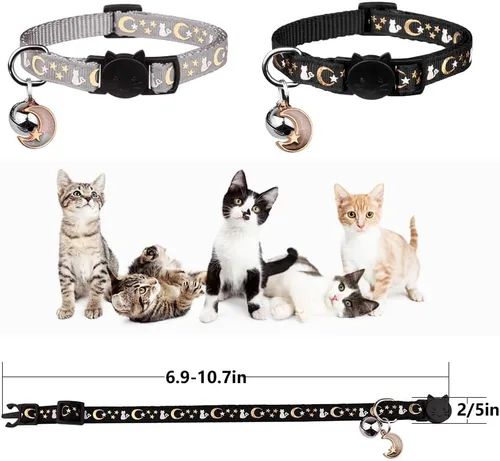 Miniatura 4 de Baeuppit 2 piezas de collares de gato separables con campana, lindos collares ajustables para gatitos que brillan en la oscuridad (Gris y Negro)