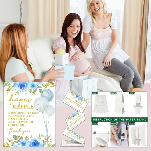 Miniatura 4 de Cartel de 8 x 10 pulgadas para sorteo de pañales con 50 boletos para rifas de pañales, juegos florales azules para baby shower, suministros