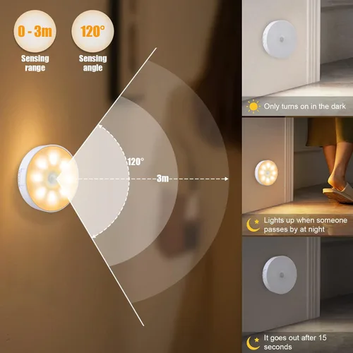 Miniatura 5 de Paquete de 3 luces con sensor de movimiento, 8 LED de luz nocturna recargable, con cable USB y parche magnético, 3 modos, luz de pared segura Blanco