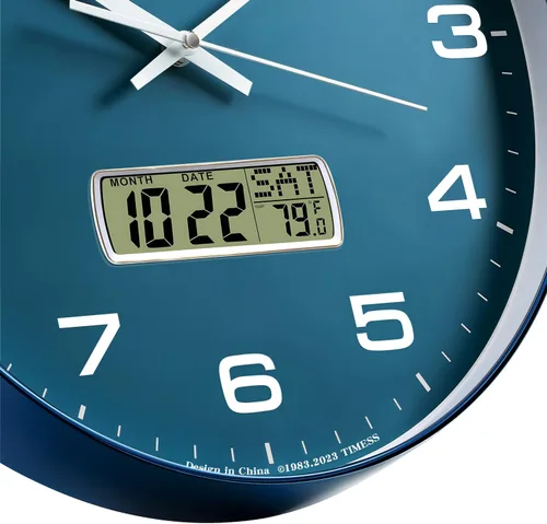Miniatura 3 de TIMESS Reloj de pared, esfera de 10 pulgadas, silencioso, funciona con pilas, analógico con pantalla LCD para calendario perpetuo y temperatura F°