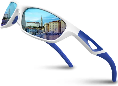 RIVBOS Polarized Sports Sunglasses Driving Sun Glasses Shades for Men Women Tr90 Frame for Cycling Fishing Running RB831 Marco blanco/Lente Azul