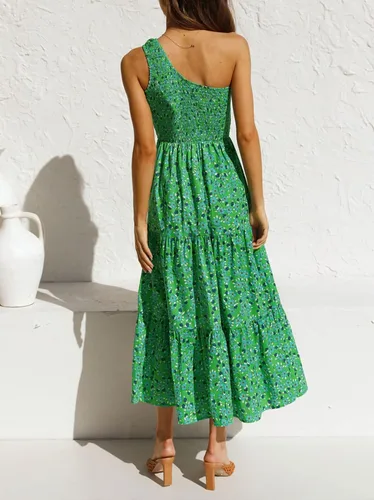Miniatura 3 de ZESICA Vestido largo midi de verano bohemio con estampado floral de un hombro, sin mangas, fruncido con volantes, escalonado, para playa