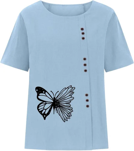Miniatura 4 de Camisa hawaiana botones Mujer Blusa Estampado mariposas Camisetas Tops Cuello Redondo Manga Corta Túnica Camiseta Lino