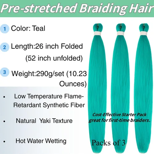 Miniatura 2 de Cabello trenzado verde azulado preestirado, hipoalergénico, sintético, color azul aguamarina, para trenzas y giros, extensiones de cabello largo
