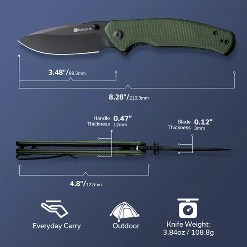 Miniatura 7 de SENCUT Cuchillo de bolsillo para EDC, cuchillo plegable Slashkin, espárrago y abridor de aleta, micarta de lona verde con hoja D2 de 3.48 pulgadas