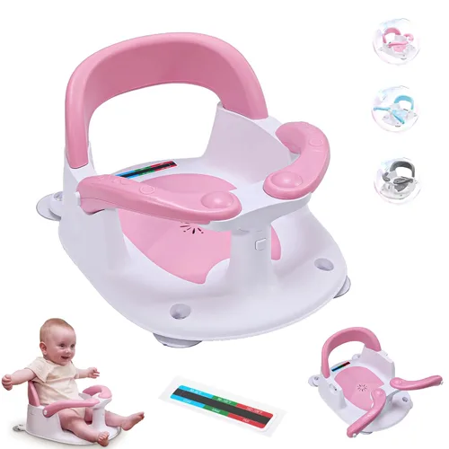 Asiento de baño para bebés de 6 meses en adelante, silla de baño para niños pequeños estable en 360° con botón de un toque, diseño hueco trasero,