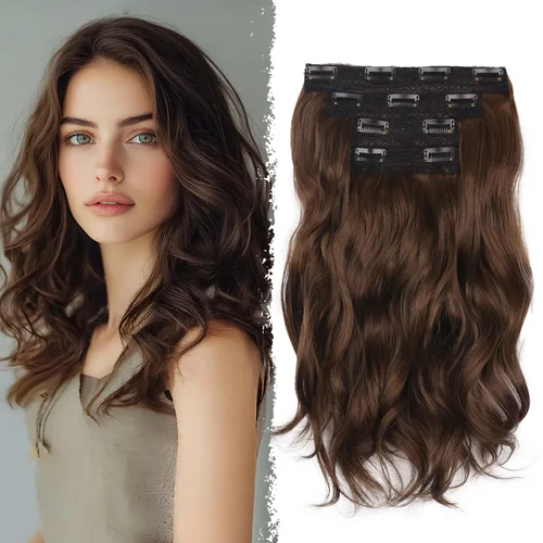 Miniatura 32 de 4 extensiones de cabello sintético con clip, extensiones de cabello rizado de 20 pulgadas de largo con clip (color: marrón medio)
