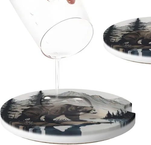 Miniatura 4 de 2 posavasos para automóvil, pintura de árbol de oso, base de corcho antideslizante, diseño de ranura, ajuste universal, cerámica, marrón