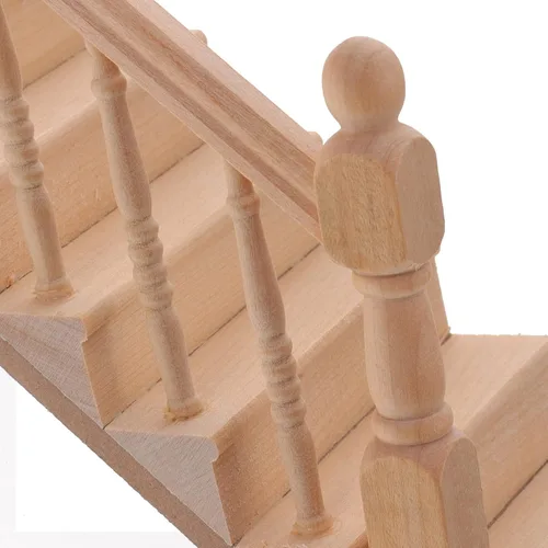 Miniatura 3 de DOITOOL Escalera en miniatura de 12 escalas con pasamanos izquierdos, sin pintar, accesorio de muebles de casa de muñecas de madera para bricolaje