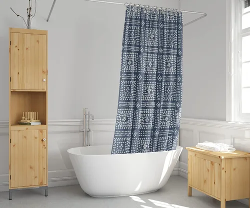 Miniatura 7 de Cortina de Ducha Moderna con Estampado Shibori Azul - Patrón Geométrico Boho de Puntos - Diseño Mudcloth - Cortina de Ducha Decorativa de Tela