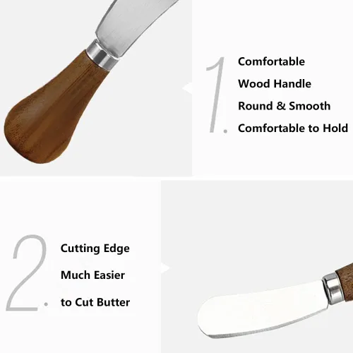 Miniatura 5 de Paquete de 2 cuchillos esparcidores de mantequilla de pie, cuchillos esparcidores de queso de acero inoxidable con mango de madera, cuchillos