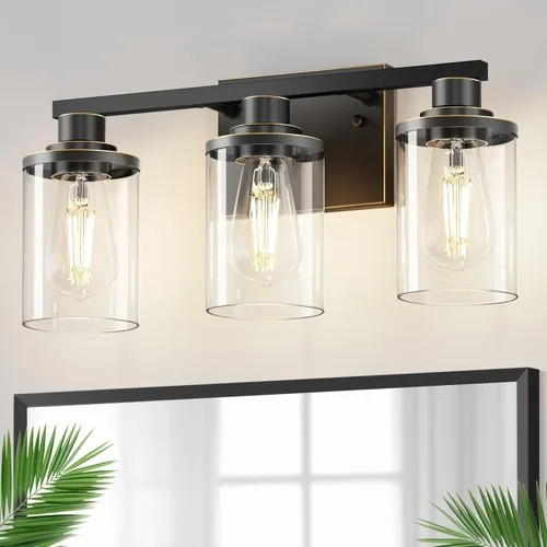 Miniatura 10 de DORESshop Lámparas de baño, 3 luces negras y doradas para baño sobre espejo con pantalla de vidrio transparente, luces de tocador para baño, Negro