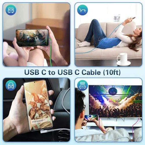Miniatura 6 de Paquete de 5 cables USB C a USB C de 10 pies en ángulo recto USB C extra largo de 60 W/3A tipo C a tipo C, cable de carga rápida compatible