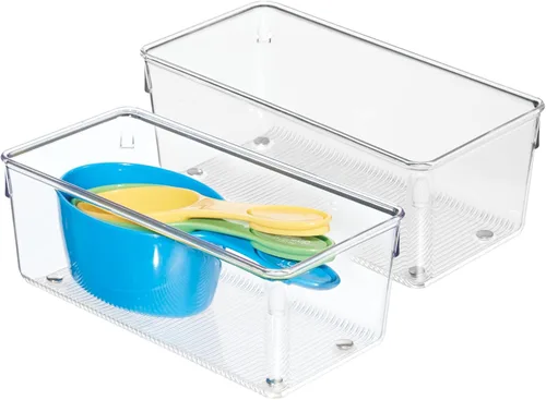 iDesign - Organizador de cajones de plástico para cajones de cocina, baño y escritorio, juego de 2, transparente