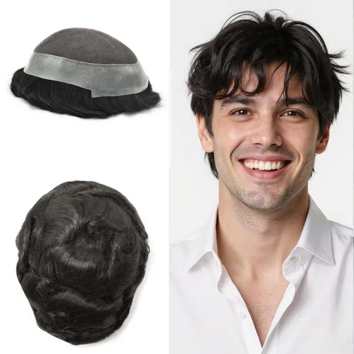 Miniatura 102 de Toupee para hombres Sistema de reemplazo de cabello humano real pieza de cabello humano para hombres encaje suizo para hombre Toupee Hair Pieces