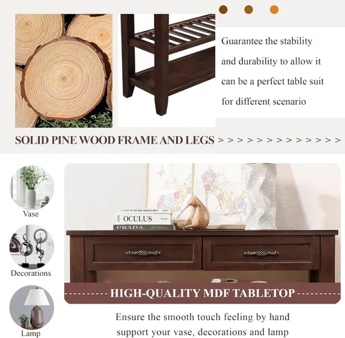 Miniatura 7 de RUNNA Mesa de sofá consola con 2 cajones de almacenamiento y estantes de 2 niveles, aparador de madera maciza para sala de estar, muebles, cocina