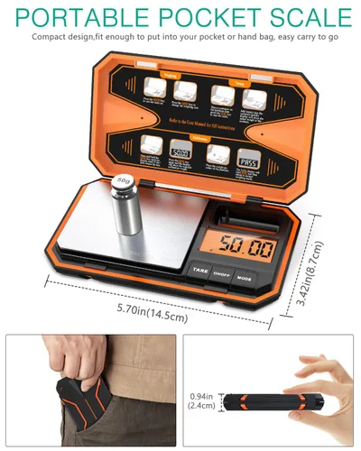 Miniatura 5 de ORIA Báscula digital de bolsillo, 17.64 oz/0.00 oz de alta precisión de gramos con peso de calibración de 1.76 oz, función de tara, 6 unidades, mini