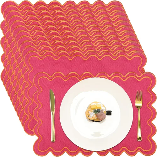 Miniatura 21 de Juego de 12 manteles individuales de lino festoneados de 13 x 19 pulgadas, bordado ondulado, doble capa, lavable, para cena, boda, fiesta