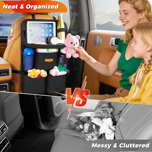 Miniatura 4 de SURDOCA Organizador de asiento trasero de coche con bandeja plegable para niños y adultos – NUEVO MODELO Almacenamiento de asiento con bolsillo