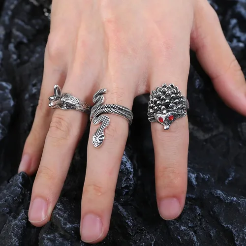 Miniatura 6 de ORAZIO Juego de 16 anillos abiertos góticos para hombres y mujeres, estilo punk, ajustable, serpiente y garra de dragón, anillos de animales