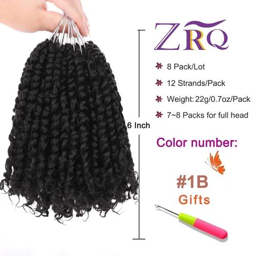 Miniatura 2 de ZRQ Paquete de 8 paquetes de cabello de ganchillo de bob corto pretrenzado de Passion Twist con puntas rizadas de 6 pulgadas, preenrollado, trenzas