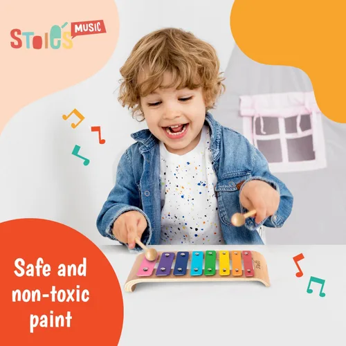 Miniatura 2 de Stoie's Xilófono de madera para niños y bebés, diseño curvo, 8 notas de color arcoíris, xilófono afinado en clave de Do con baquetas, libro