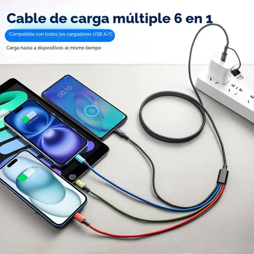 Miniatura 2 de Cable de Carga Múltiple 6 en 1, Paquete de 2 Cables Cargadores Múltiples de 6 Pies para Todos los Dispositivos Cable Trenzado USB A/C a