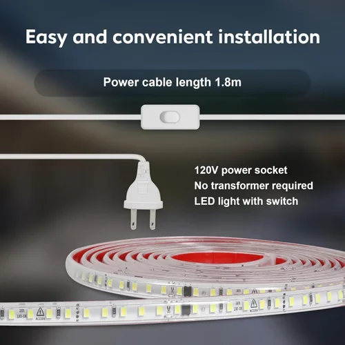 Miniatura 5 de Tira de luces LED AC 110V 2 metros blanco cálido 3000K SMD 2835 cinta LED cortable 6.56 pies adhesiva IP67 impermeable 120 voltios 2M