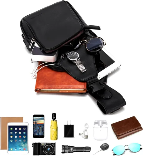 Miniatura 4 de Bolso bandolera de cuero para hombre, impermeable, bandolera con puerto de carga USB, bolsa de hombro, Negro, talla única, Mochilas Sling