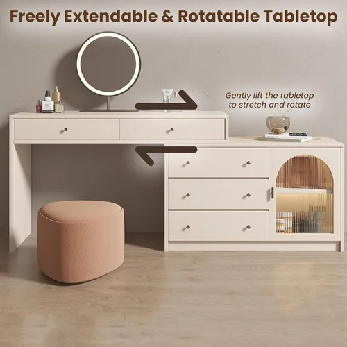 Miniatura 2 de Escritorio de tocador con espejo iluminado LED, mesa de maquillaje con cajón grande y gabinete, 3 modos de iluminación de brillo ajustable, tocador