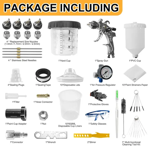 Miniatura 3 de HVLP - Kit de pistola de pintura con 4 boquillas de 1.4/1.7/2.0/0.098 in y regulador de compresor de aire, 10 vasos de pintura desechables de 22.0