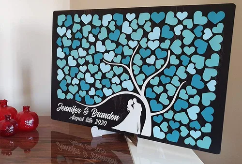 Miniatura 4 de Aşk Aynası Libro de invitados de boda 3D hecho a mano y pintado a mano, árbol de madera alternativo y corazones personalizados
