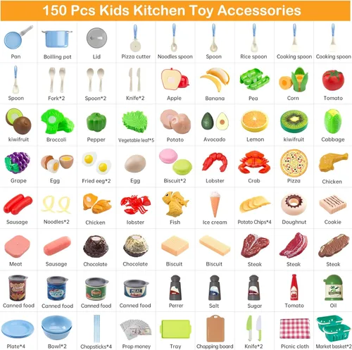 Miniatura 3 de Juego de cocina de 150 piezas, accesorios de cocina para niños pequeños, alimentos, manta de picnic, frutas, verduras, paquete de 2 cestas de Azul