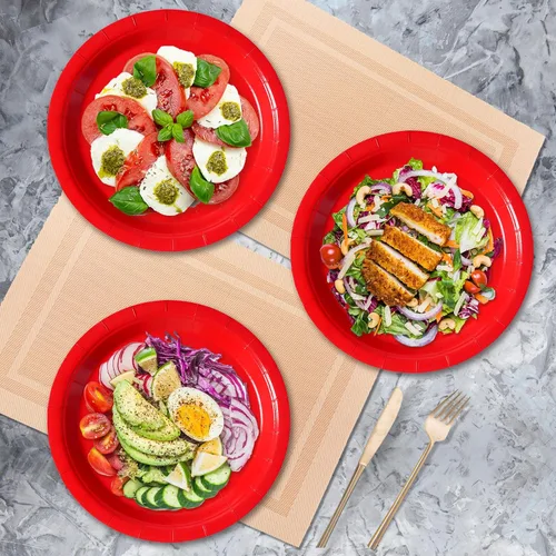 Miniatura 6 de Platos de Papel Desechables Rojos, 50 Unidades Platos de Cena de 9" al Por Mayor para Suministros de Fiesta, Platos de Fiesta Coloridos