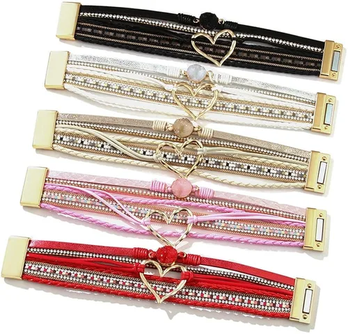 Miniatura 3 de Caiyao Pulsera de cuero para mujer, pulsera de cuentas con decoración en forma de corazón, pulsera de cristal bohemio con cierre magnético, pulsera