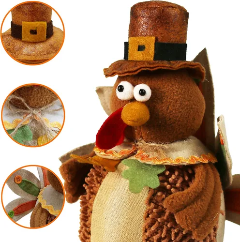 Miniatura 4 de Ogrmar Paquete de 2 muñecas de pavo de peluche de 15 pulgadas, decoración de mesa de Acción de Gracias, exquisita muñeca de felpa de pavo hecha a